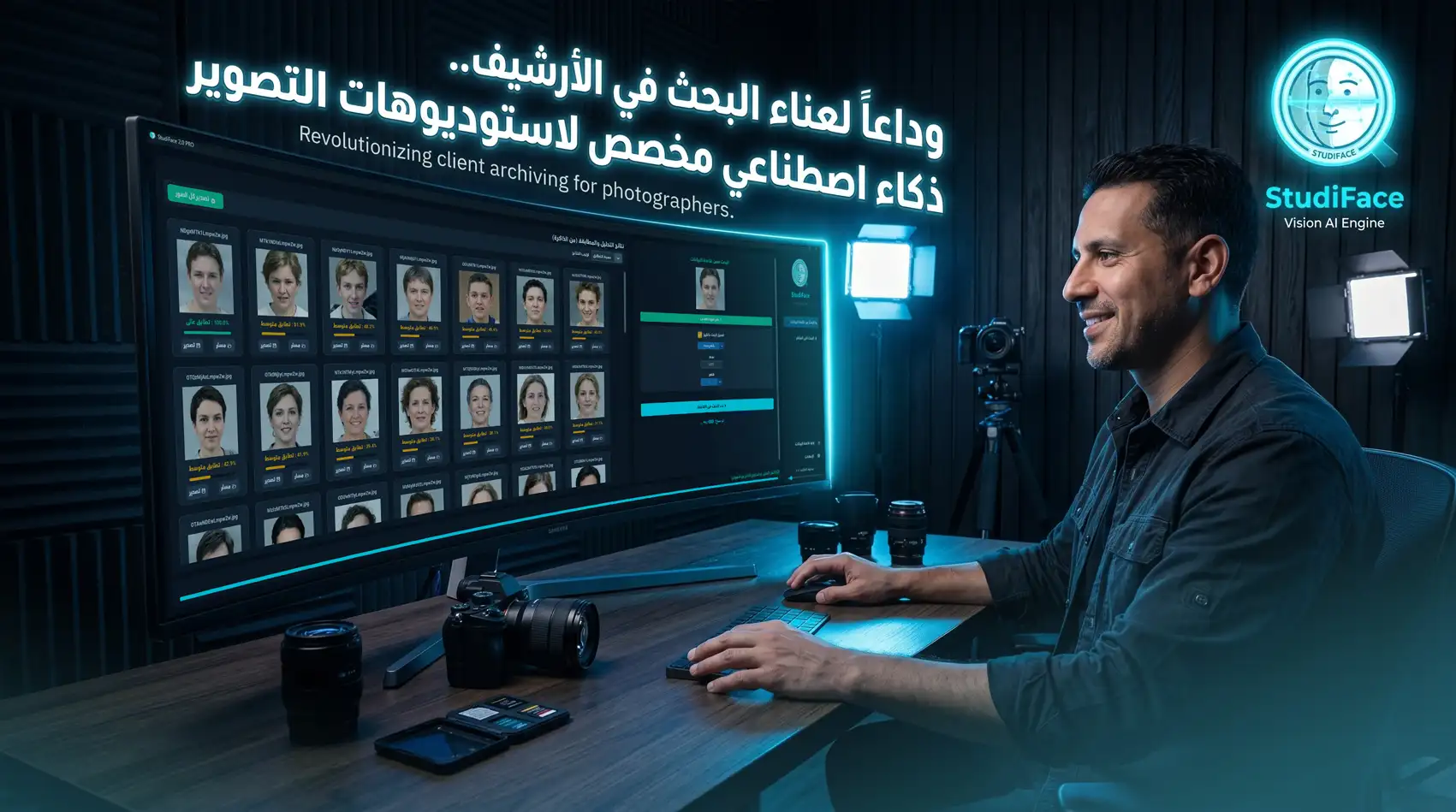 واجهة برنامج StudiFace للبحث عن وجوه العملاء في أرشيف الاستوديو بالذكاء الاصطناعي